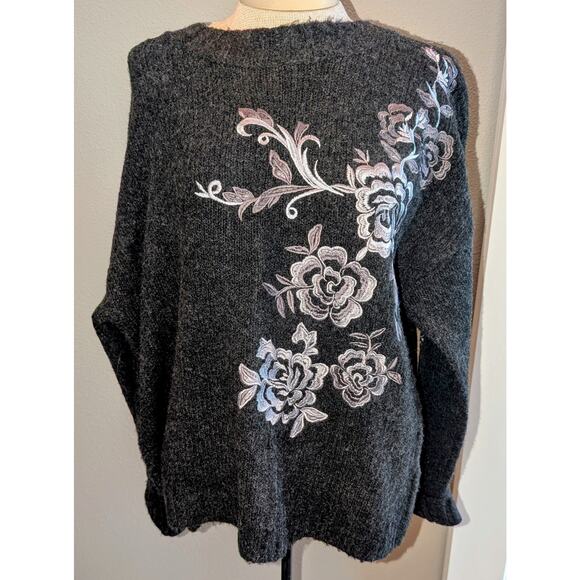 Anthropologie Blank NYC Wool Blend Embroidered Zip Back Sweater Charcoal Grey L - Picture 2 of 6